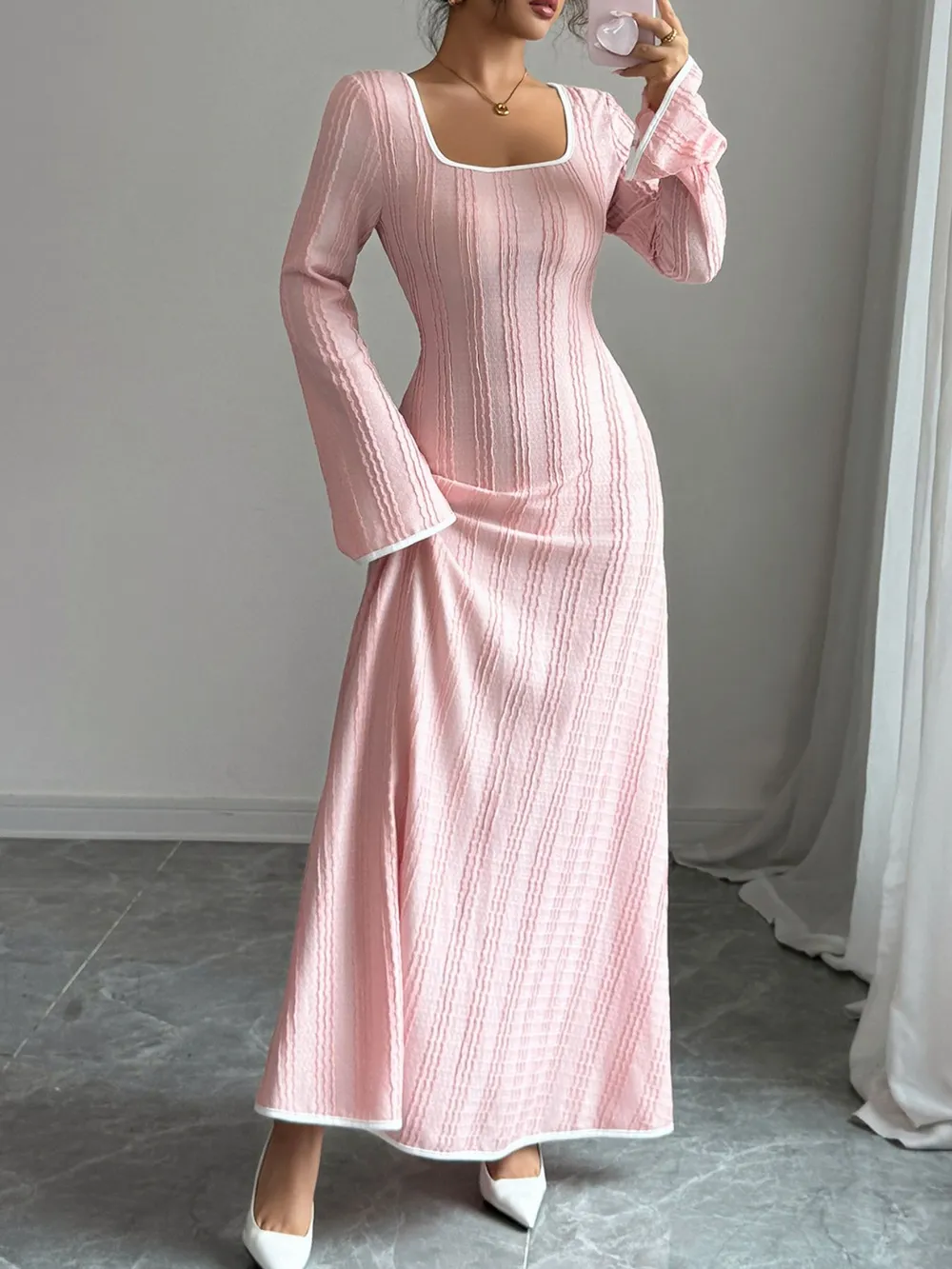 Textured Square Neck Long Sleeve Maxi Dress, image 2