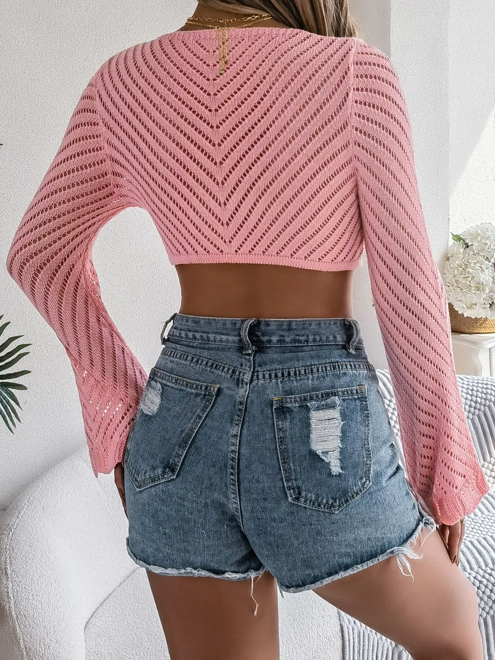 Openwork Tied Long Sleeve Knit Cover Up, image 5