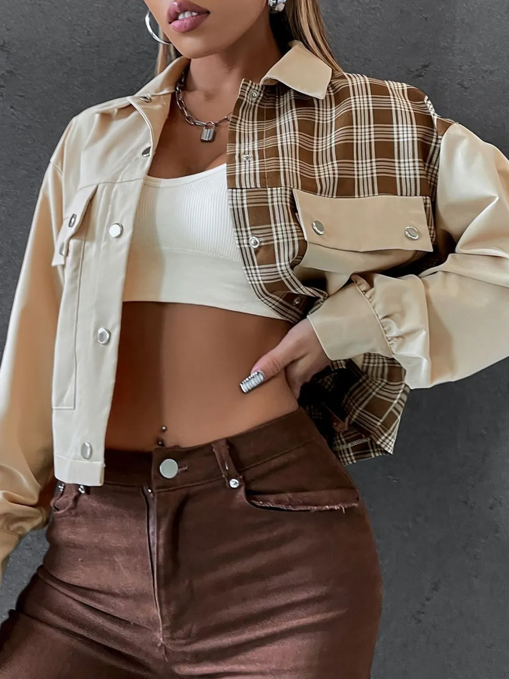 Snap Down Color Block Plaid Jacket, image 4