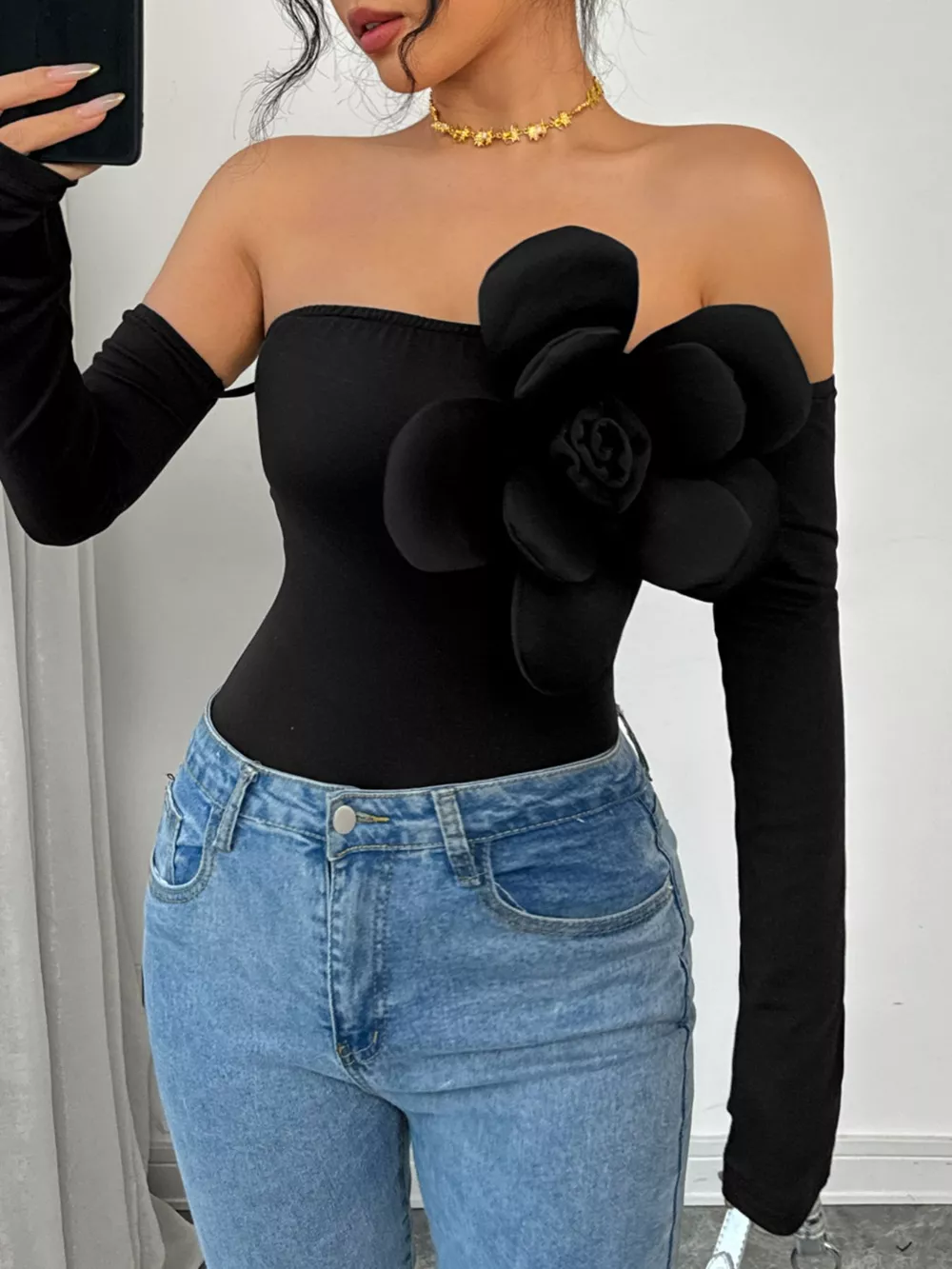Flower Off-Shoulder Long Sleeve Bodysuit, image 4