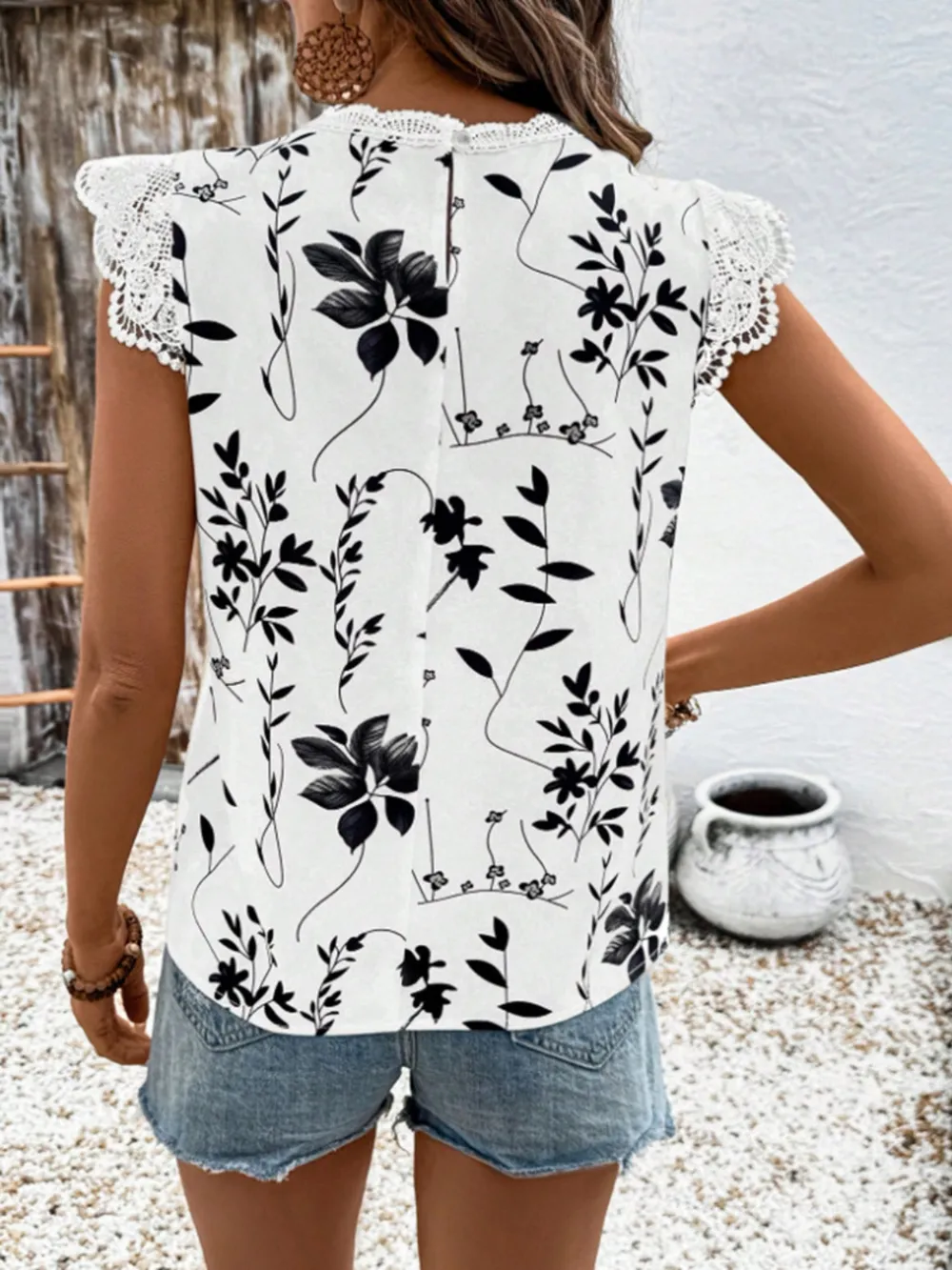 Lace Detail Printed Cap Sleeve Blouse, image 17