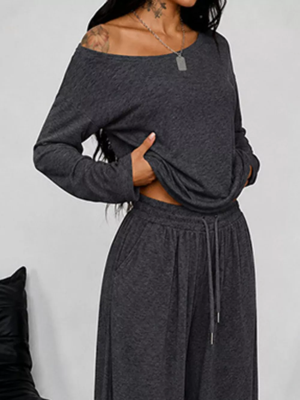 Full Size One-Shoulder Top and Drawstring Pants Set Plus Size, image 2