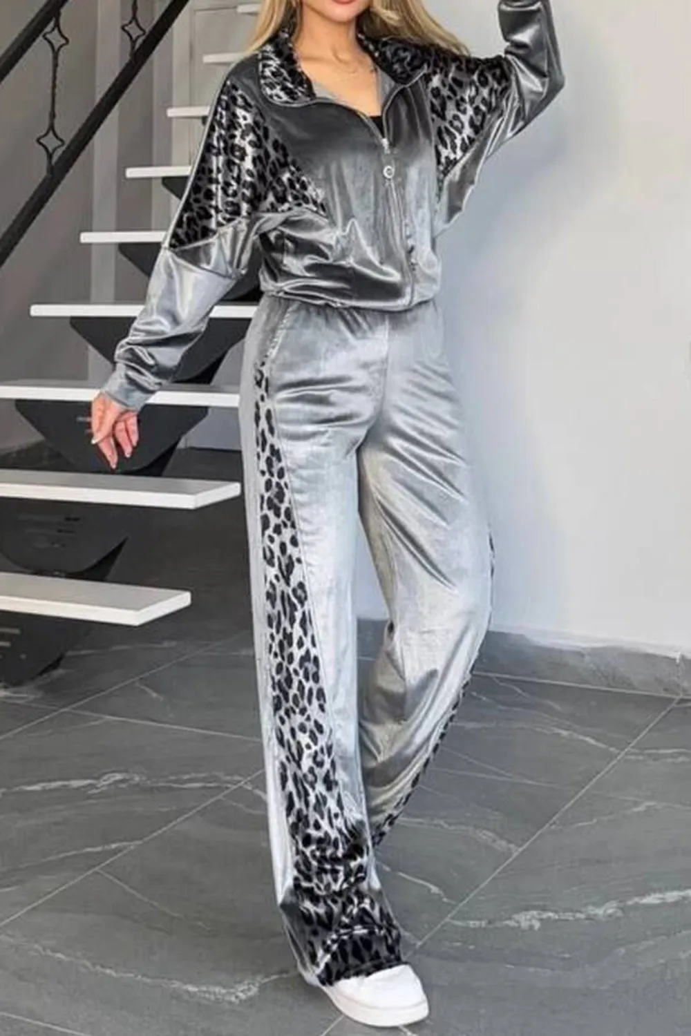 Full Size Collared Neck Leopard Zip Up Top and Pants Set Plus Size, image 7