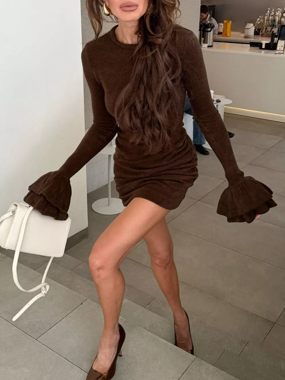 Ruched Flounce Sleeve Mini Dress