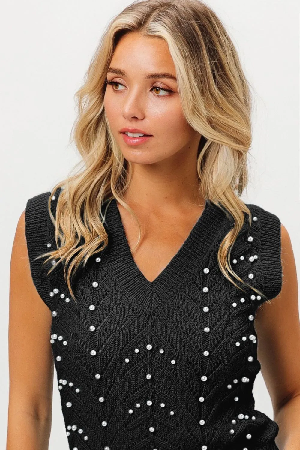 Chevron Pointelle Pearl Knit Top
