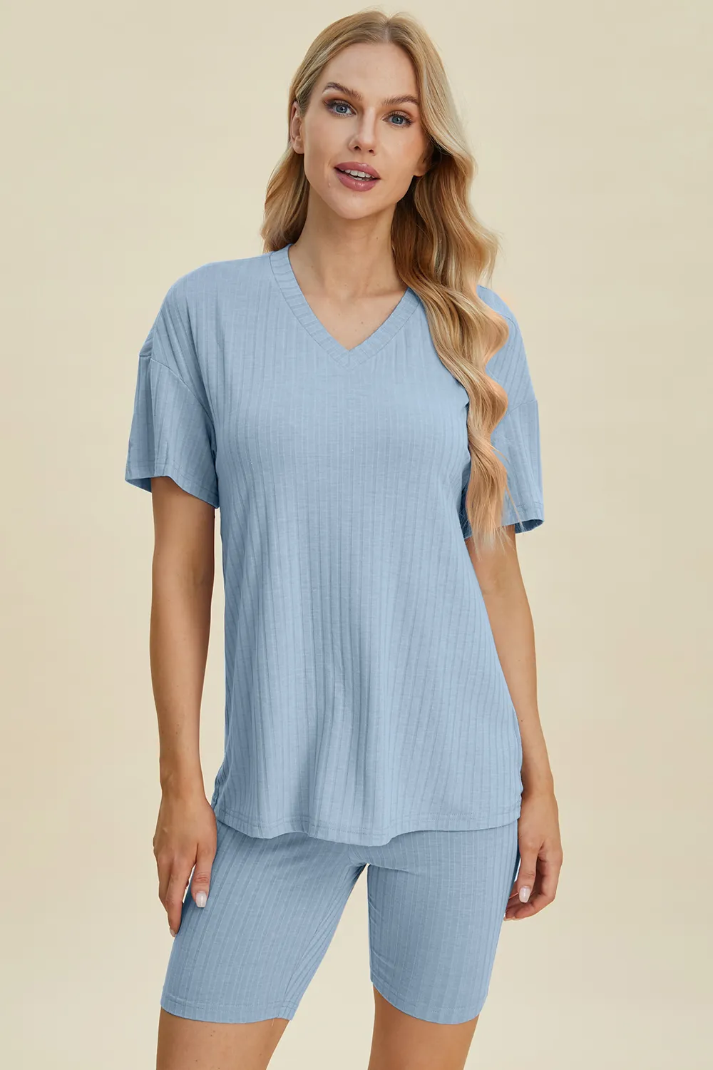 Full Size Ribbed V-Neck Short Sleeve Top and Shorts Set, image 18
