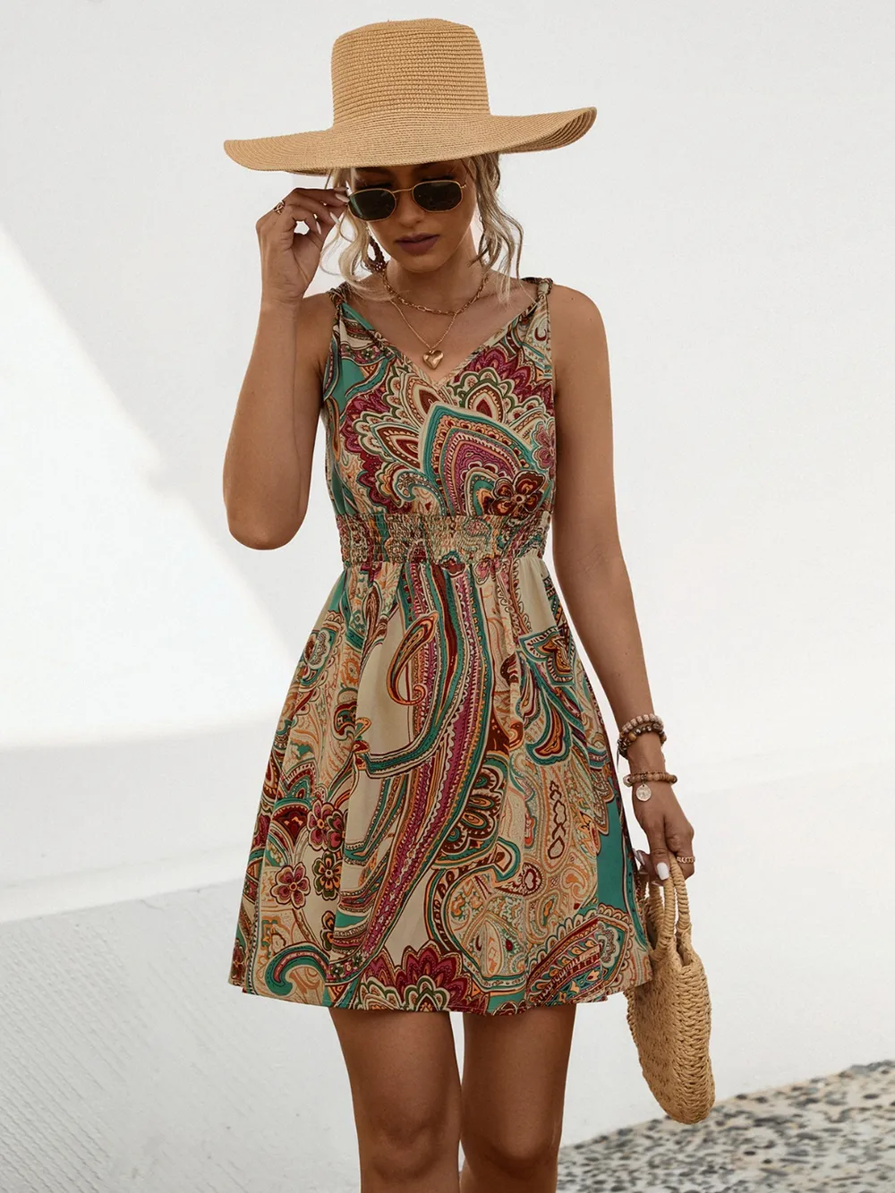 Smocked Printed V-Neck Mini Dress, image 7