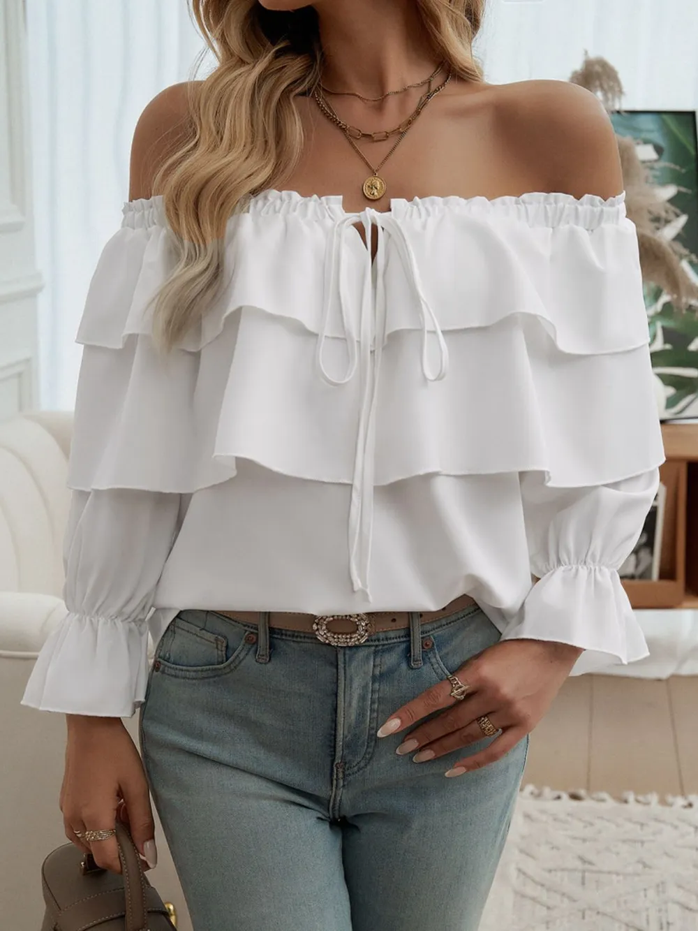 Off-Shoulder Flounce Sleeve Blouse, image 7
