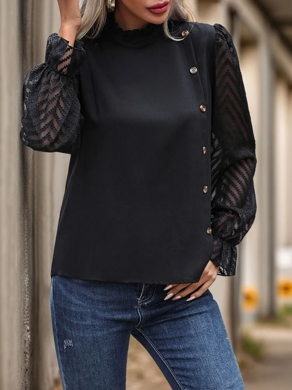 Mock Neck Flounce Sleeve Blouse, image 2