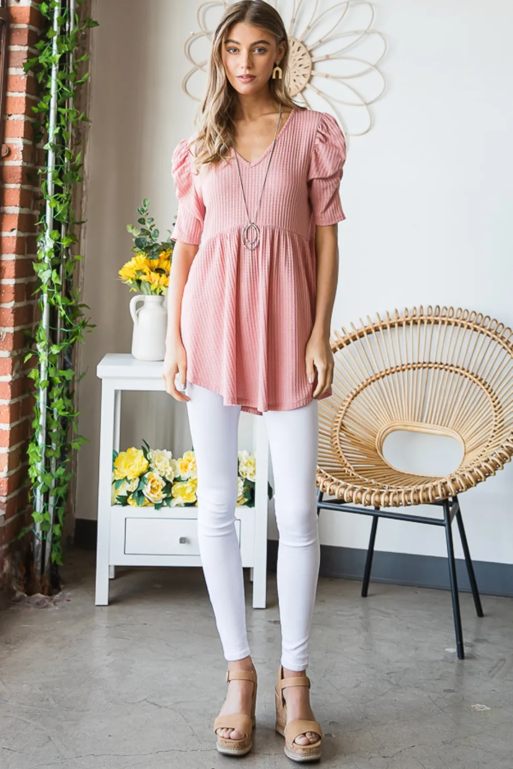 Full Size Waffle Knit V-Neck Babydoll Top, image 7