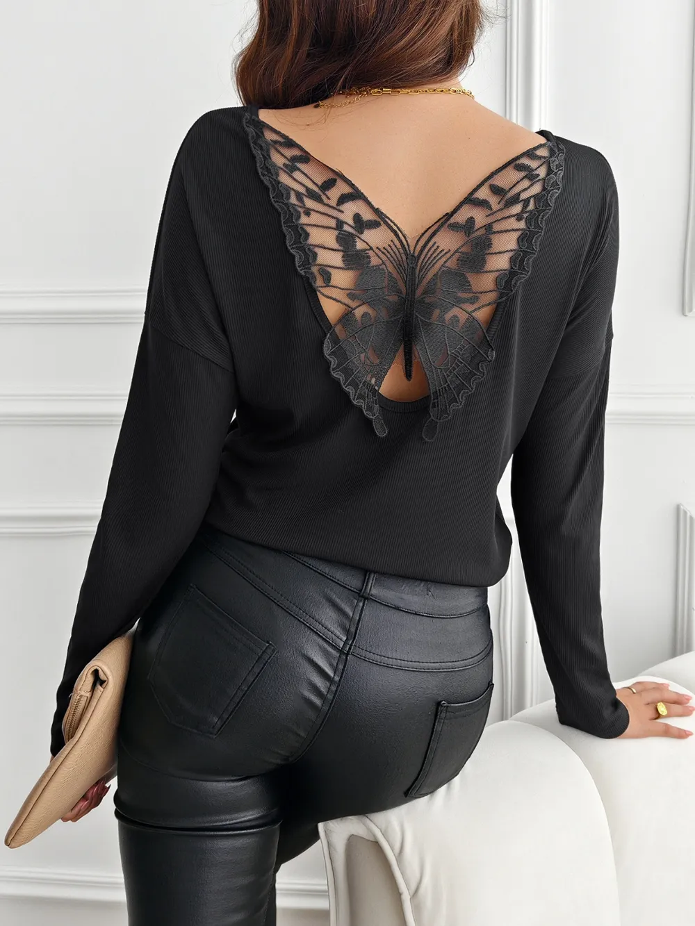 Lace Detail Butterfly Back Round Neck Long Sleeve T-Shirt, image 13