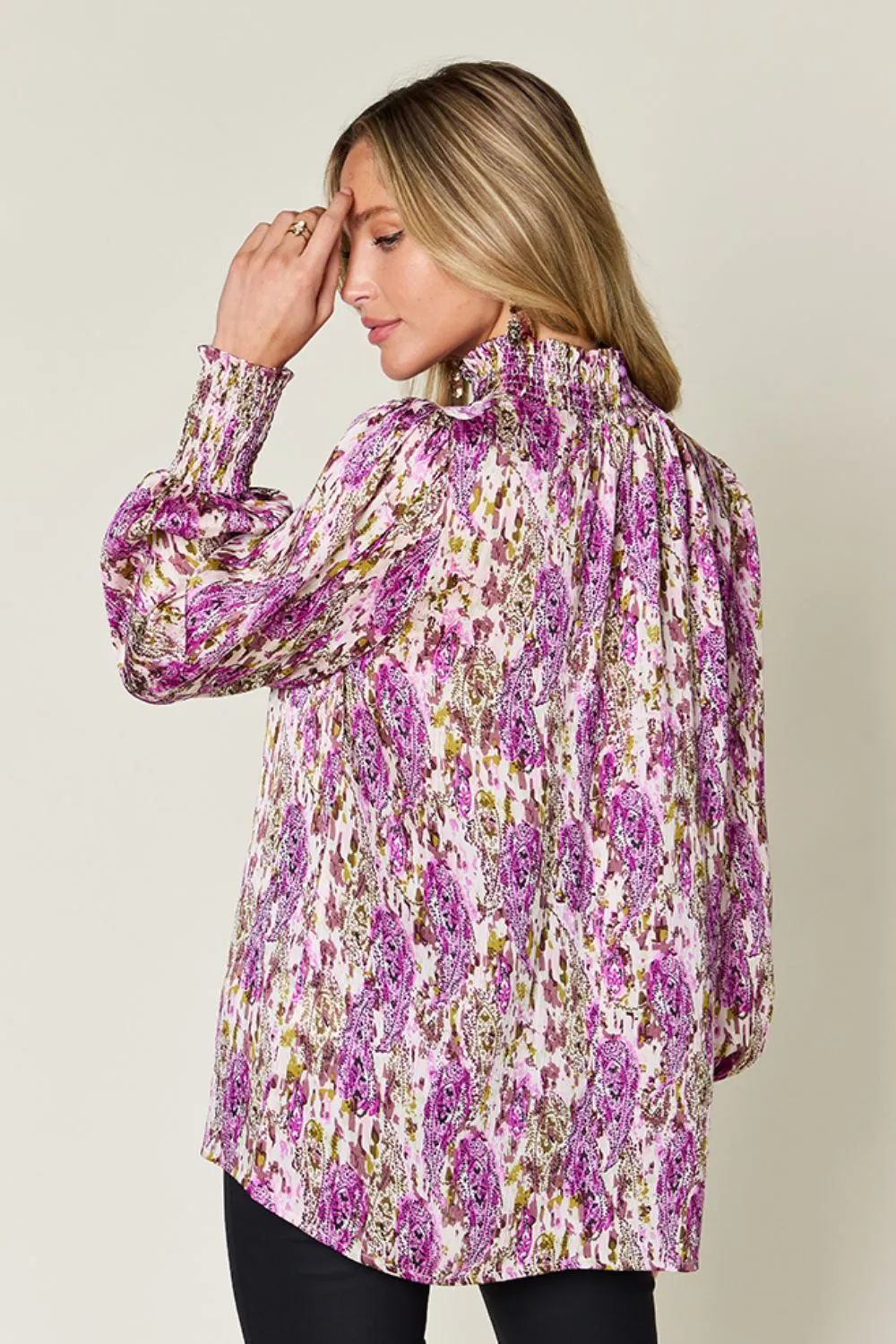 Full Size Printed Smocked Long Sleeve Blouse, image 25