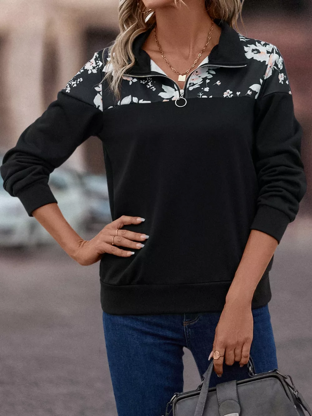 Floral Print Quarter Zip Sweatshirt, image 4