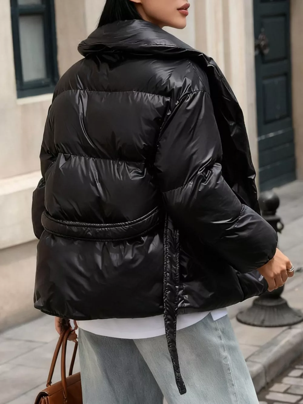 Long Sleeve Belted Puffer Jacket, image 2