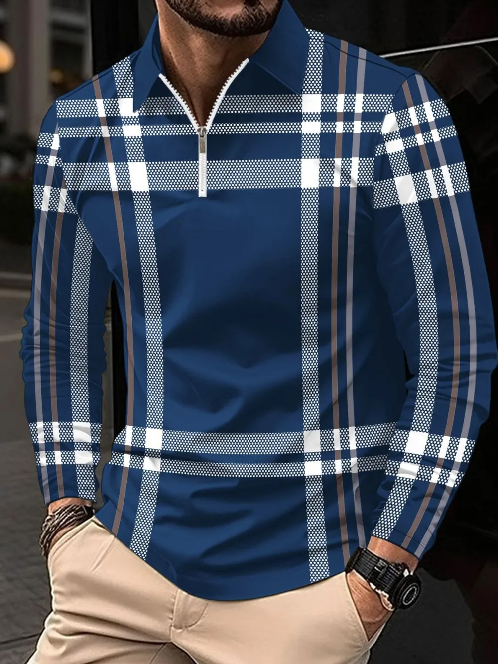 Men's Full Size Plaid Zip Collar Long Sleeve Polo Plus Size, image 3