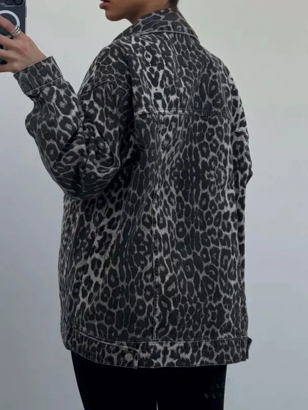 Leopard Button Up Long Sleeve Denim Top, image 2