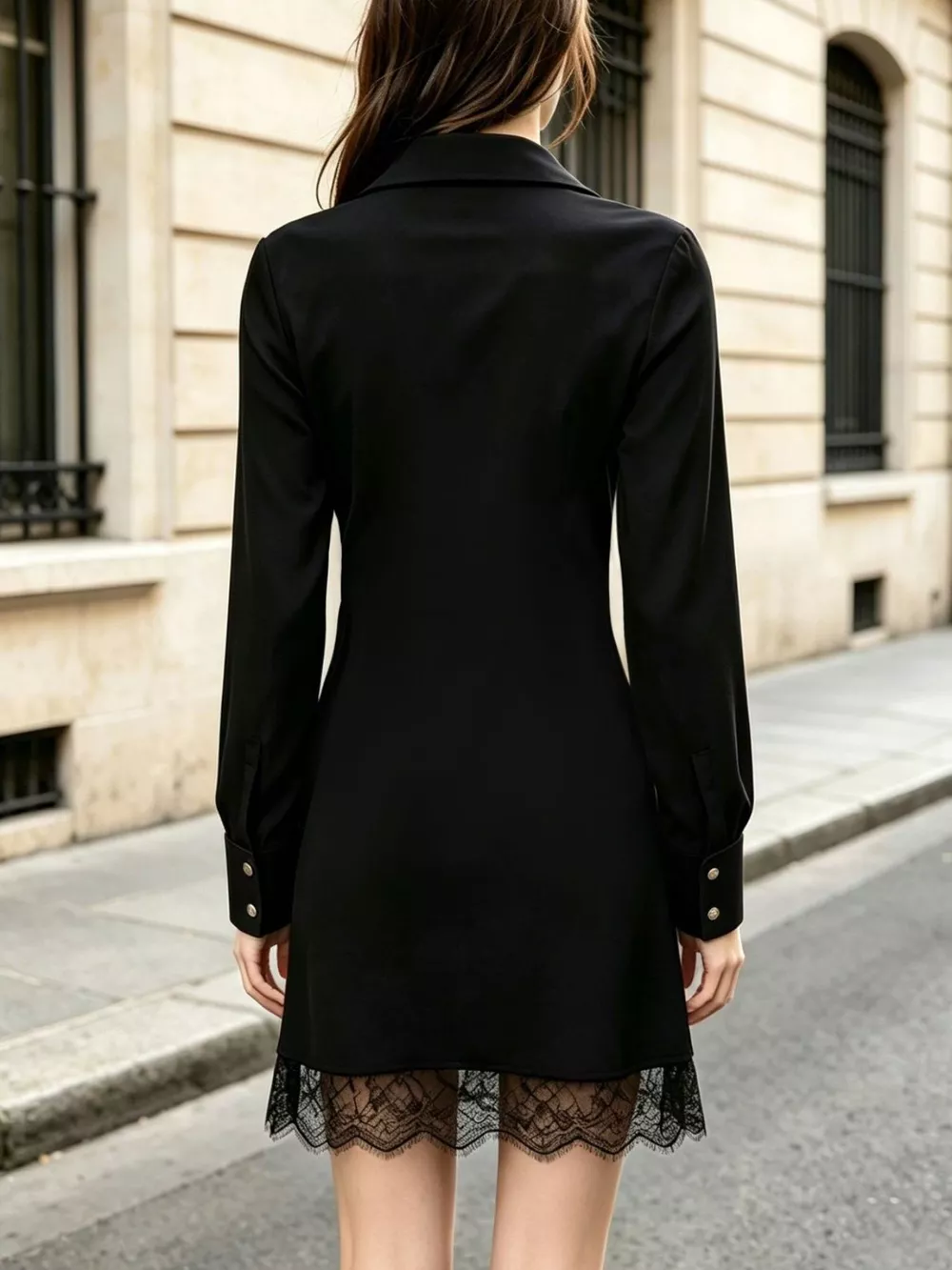Long-Sleeve Shirt Dress with Lace Hem, image 6