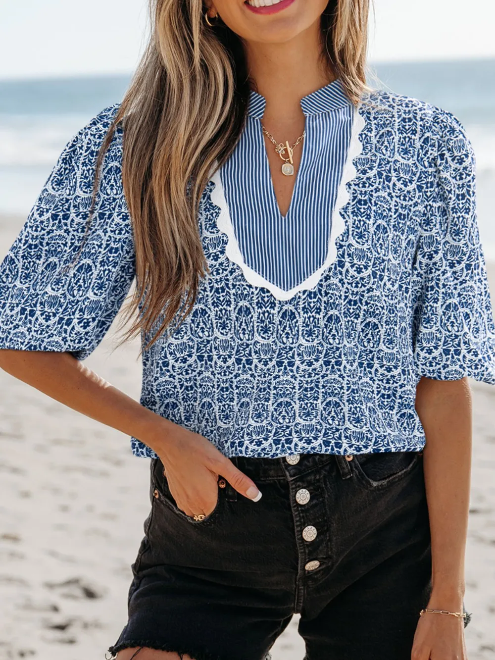 Printed Contrast Ric-Rac Puff Sleeve Top, image 3