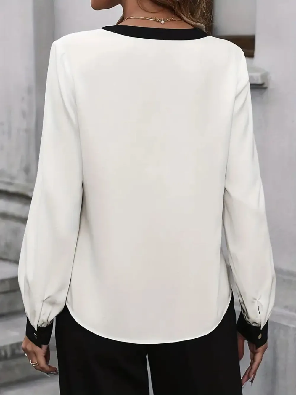 Contrast Notched Long Sleeve Blouse, image 5