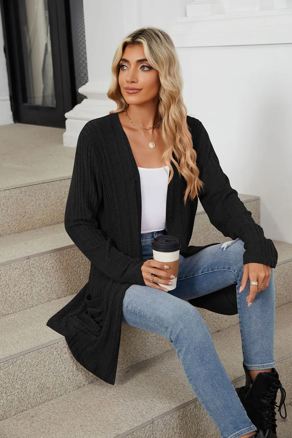 Pocketed Open Front Long Sleeve Cardigan, image 36