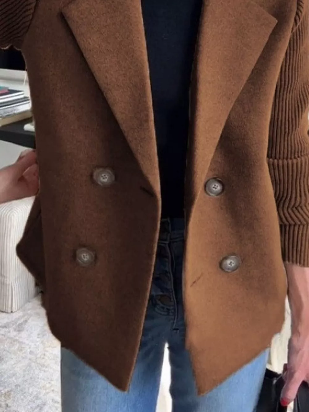 Full Size Knitted Sleeve Wool Blend Double-Breasted Blazer Plus Size, image 9