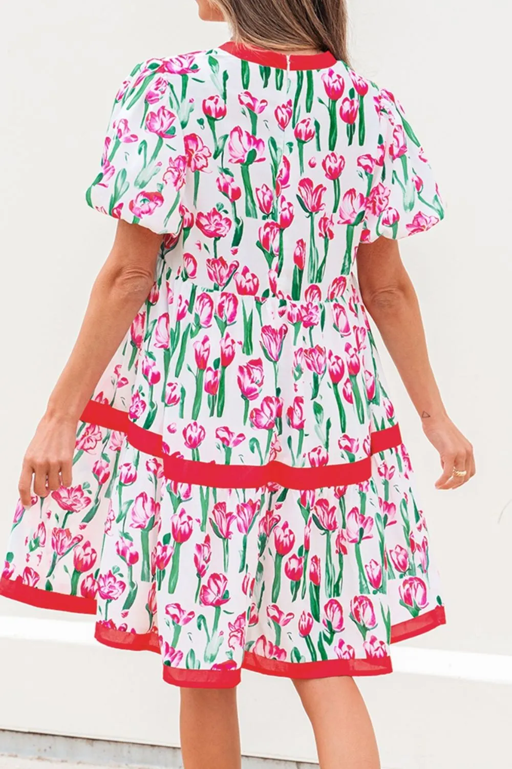 Floral Print Contrast Trim V Neck Bubble Short Sleeve Babydoll Dress, image 3