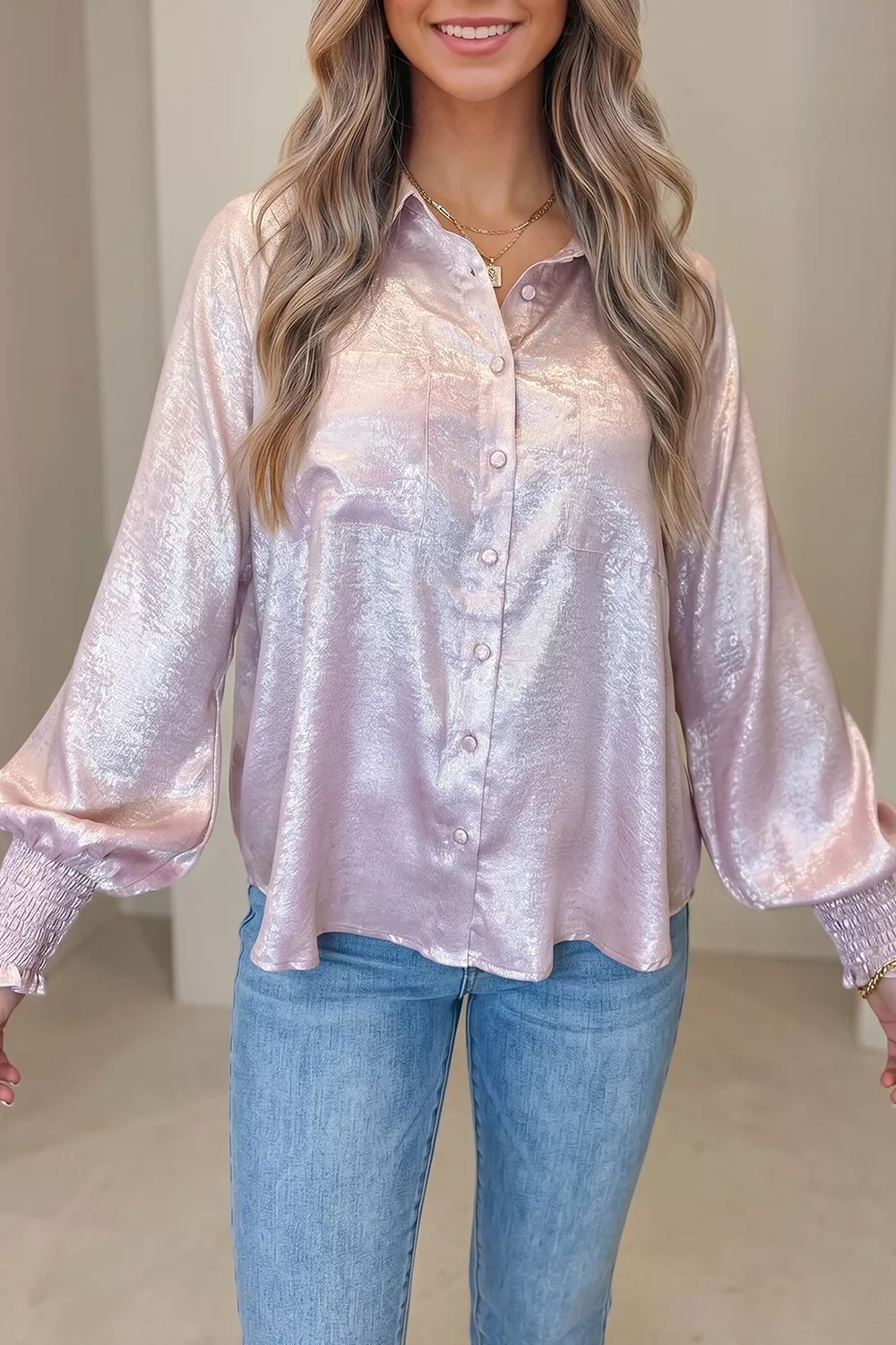 Long Sleeve Button Front Ruffle Cuffs Back Paneling Shirt, image 3