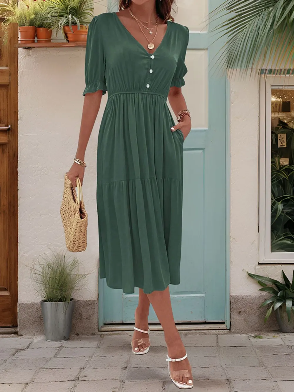 Ruched V-Neck Half Sleeve Midi Dress, image 8