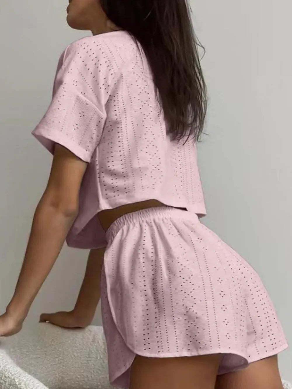 Eyelet Round Neck Top and Shorts Set, image 7
