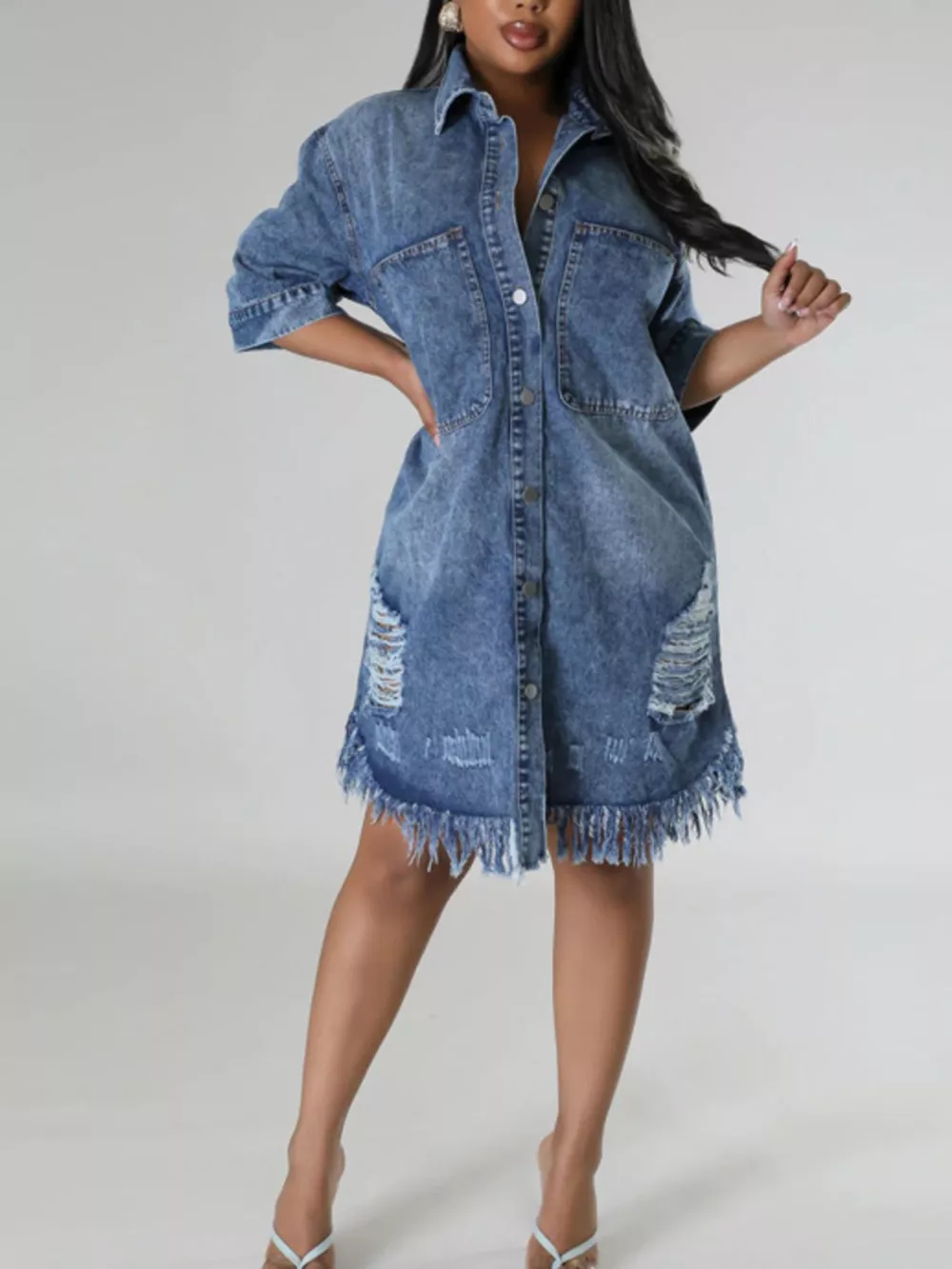 Plus Size Distressed Frayed Hem Button-Down Denim Dress, image 2
