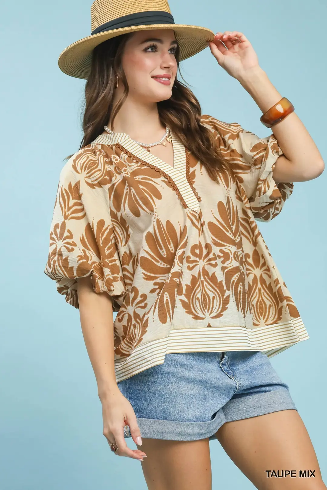 Mix Printed Puff Sleeve Top with Contrast Trim, image 2