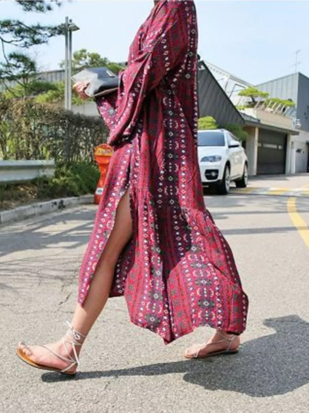 Bohemian Print Midi Dress with Side Slits, image 2