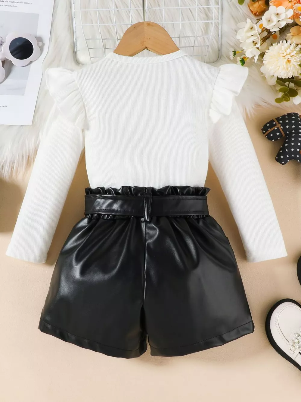 Children's Ruffled Pearl Embellished Top & Faux Leather Shorts Set with Belt, image 6