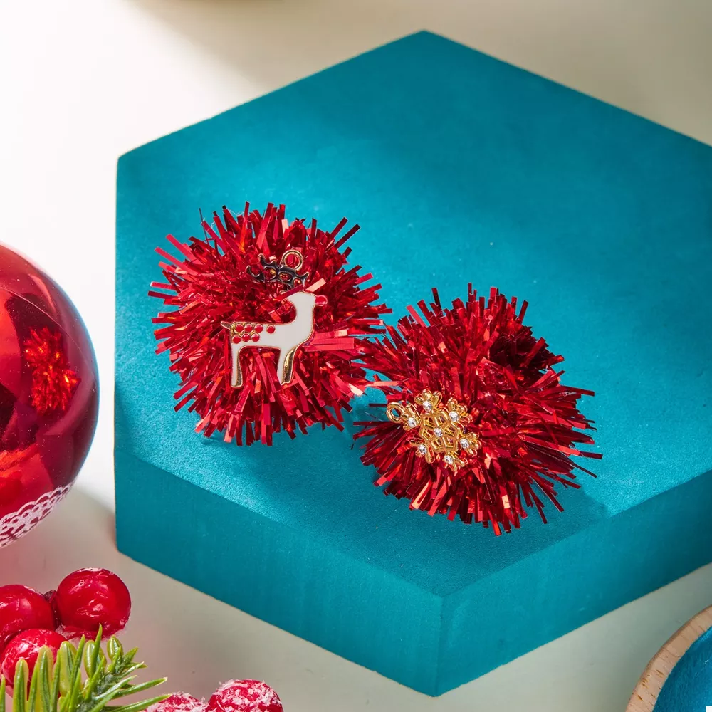 Christmas Asymmetrical Tinsel Ball Earrings, image 5