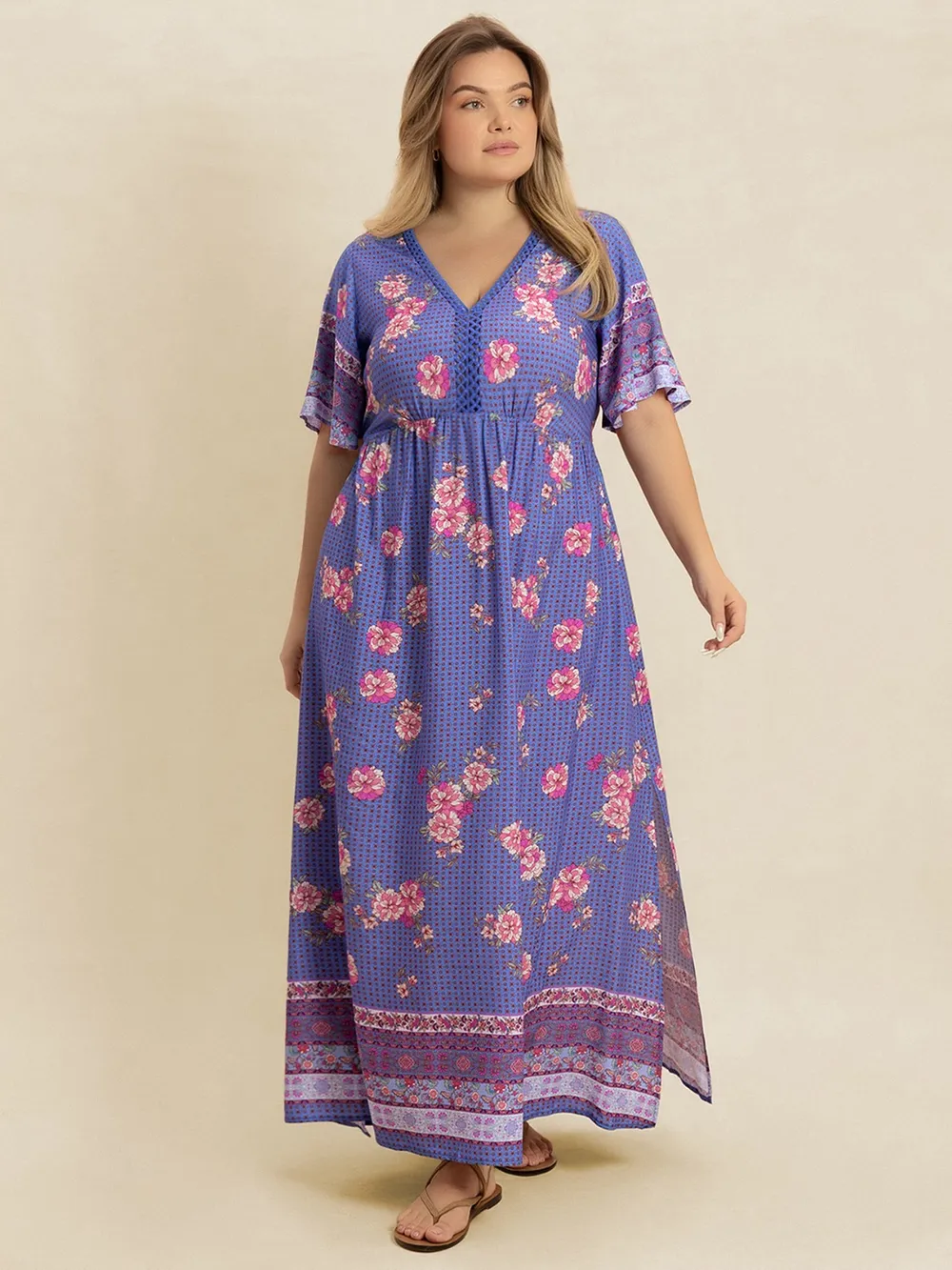 Plus Size Printed V-Neck Flutter Sleeve Dress, image 5