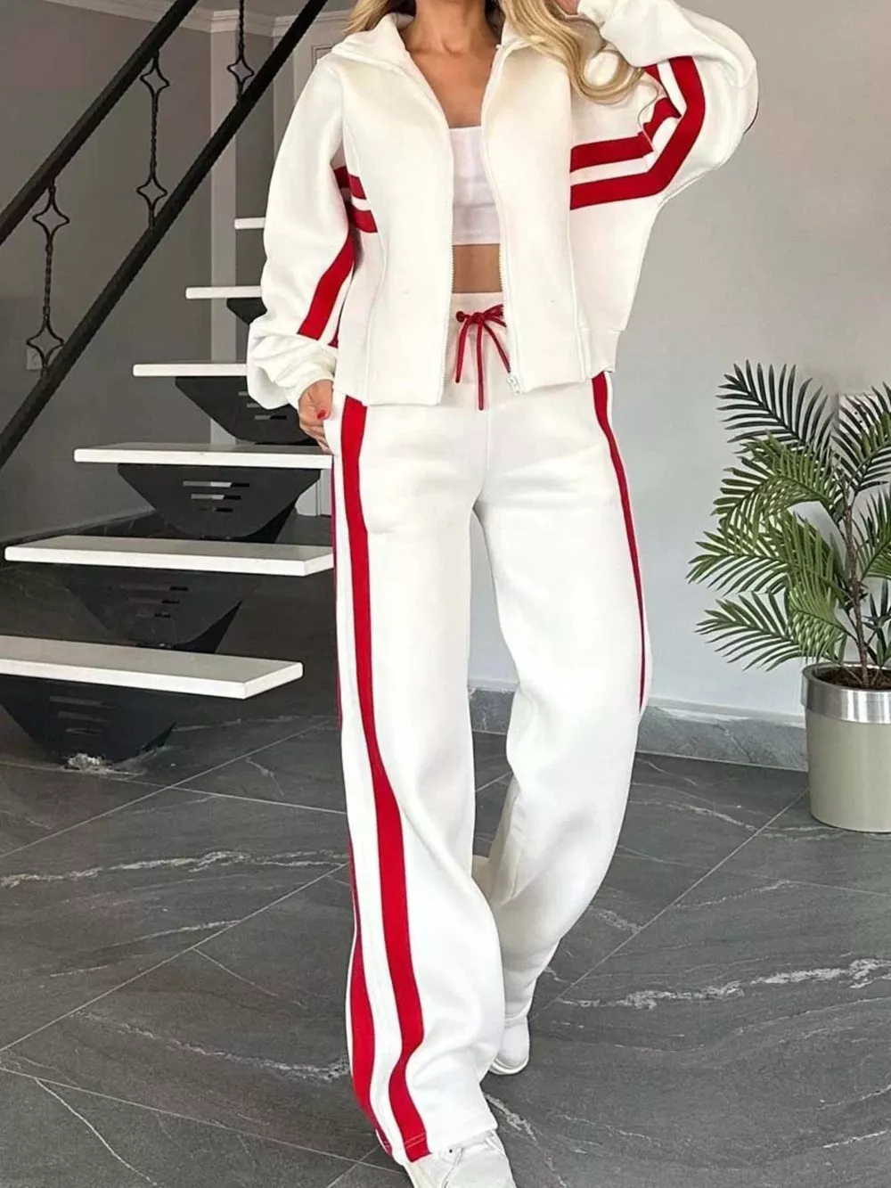 Full Size Contrast Stripe Zip Up Jacket and Pants Set Plus Size, image 5