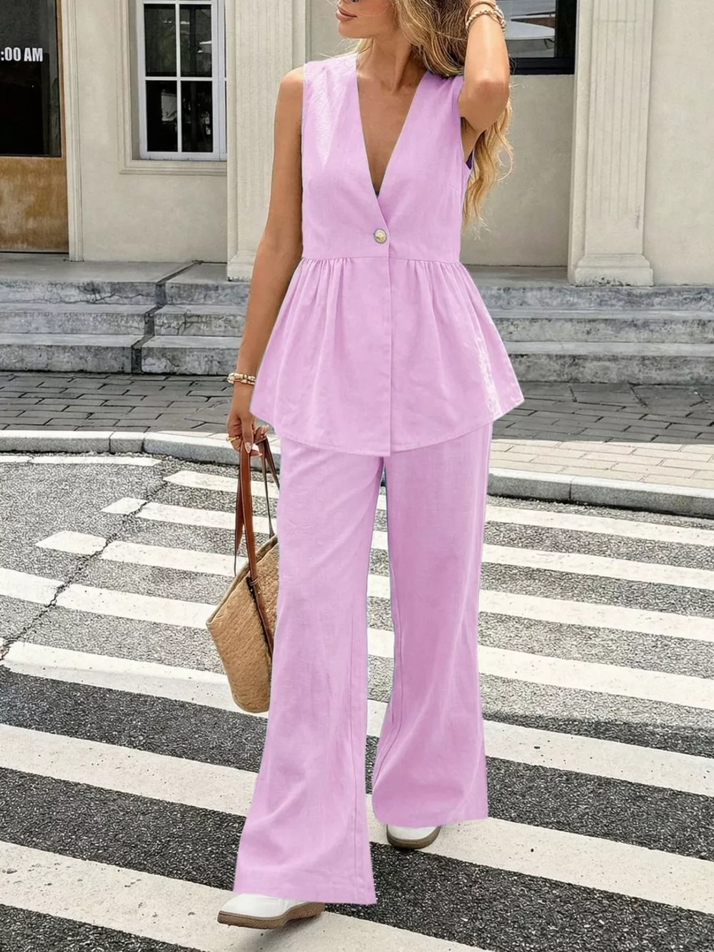 V-Neck Sleeveless Peplum Top and Wide-Leg Pants Set, image 5