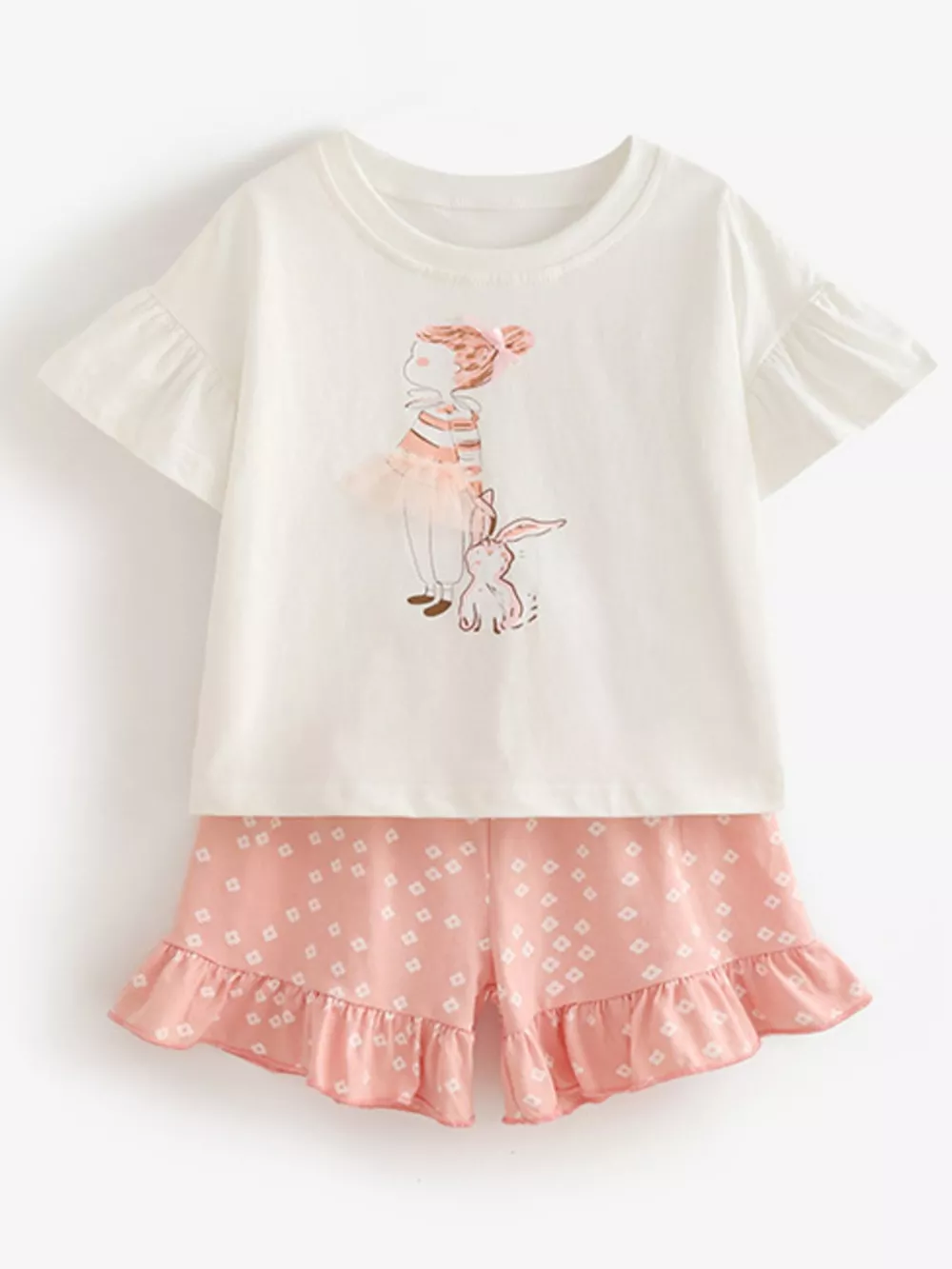 Children's Ruffled Sleeve Graphic Tee & Floral Ruffle Shorts Set, image 2