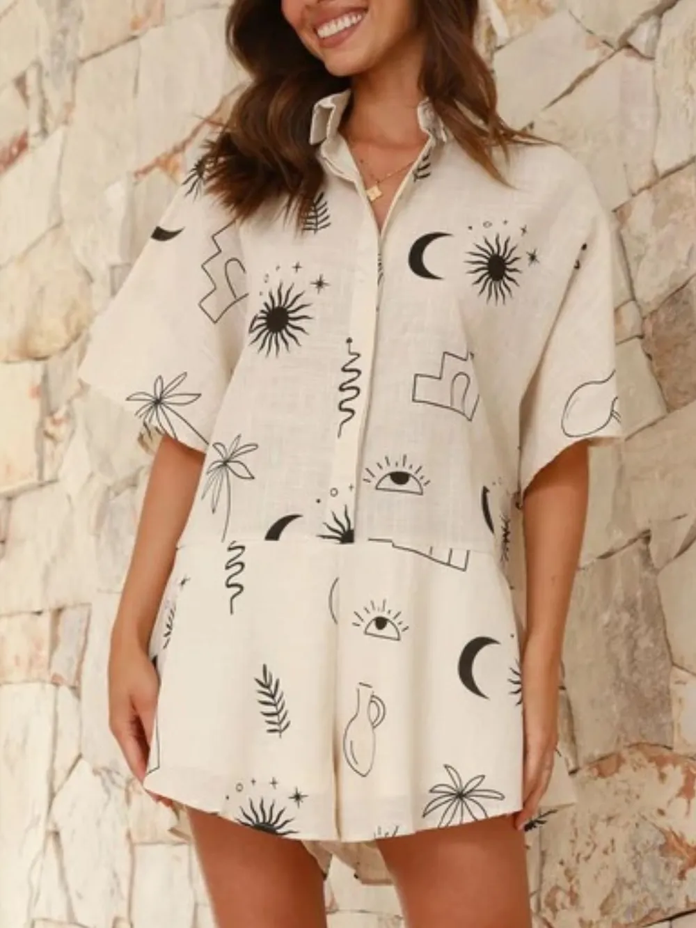 Printed Collared Neck Half Sleeve Romper