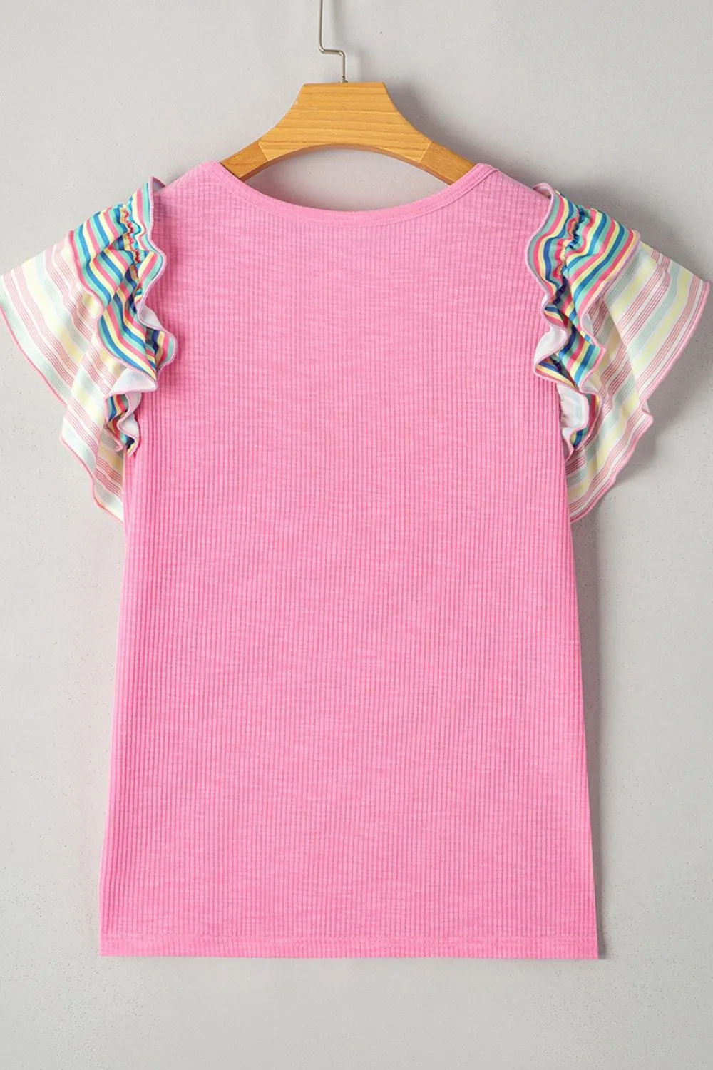 Striped Ruffle Flutter Sleeve Ribbed Blouse, image 5