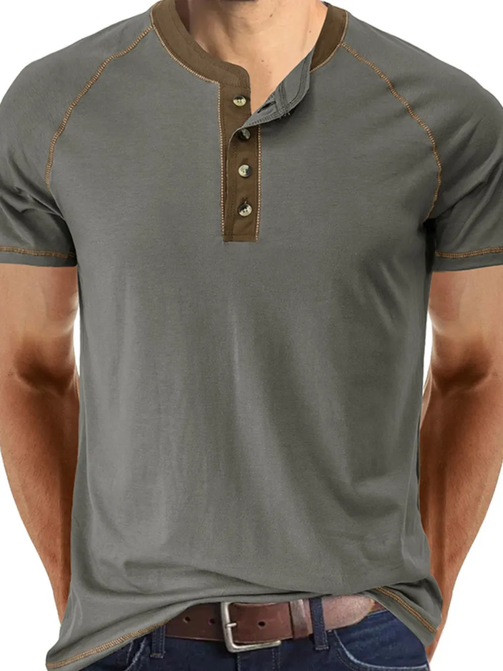 Men's Contrast Trim Henley Polo Shirt, image 2