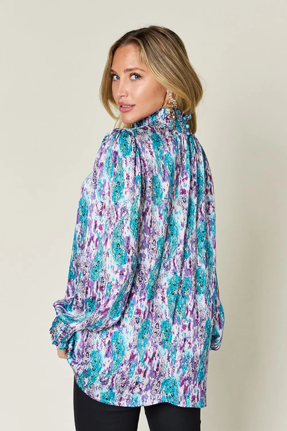 Full Size Printed Smocked Long Sleeve Blouse, image 5