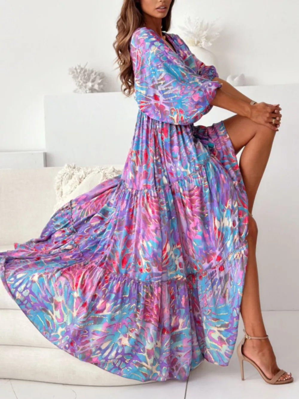 Printed V-Neck Balloon Sleeve Slit Maxi Dress, image 9