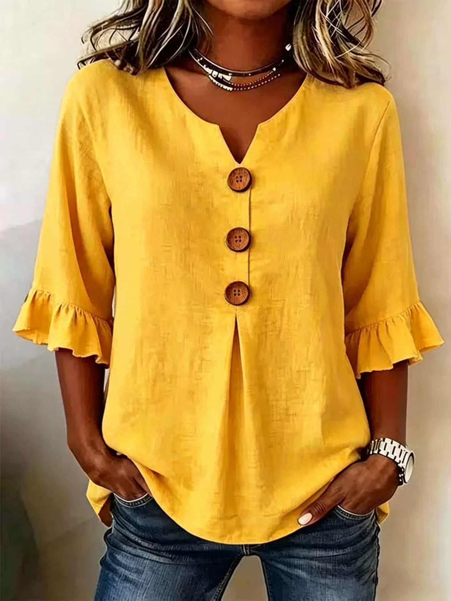 Full Size Casual Ruffle‑Sleeve Decor‑Button Top Plus Size, image 15