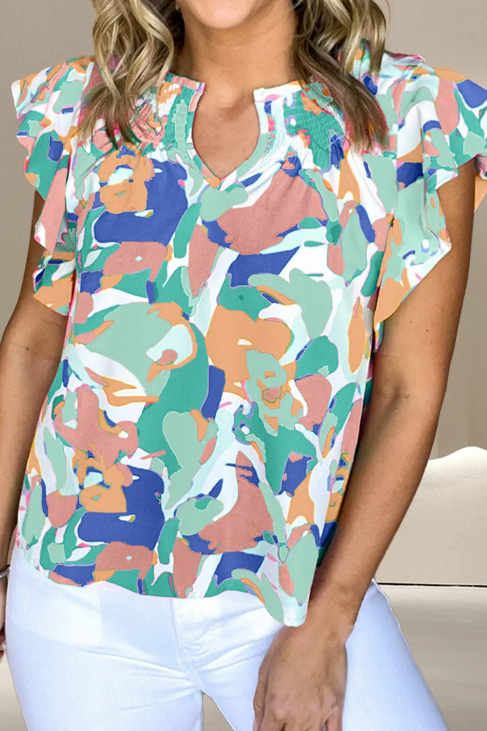 Ruffled Printed Notched Cap Sleeve Blouse, image 4