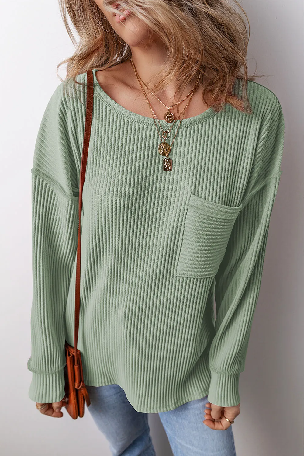 Pocketed Round Neck Long Sleeve Top, image 3
