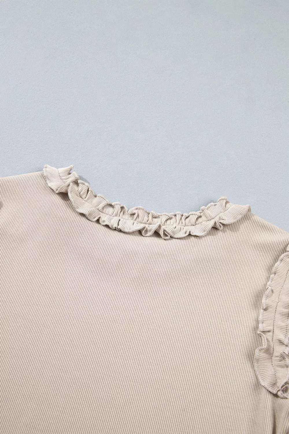 Solid Color Round Neck Frill Detail Long Sleeve Top, image 10