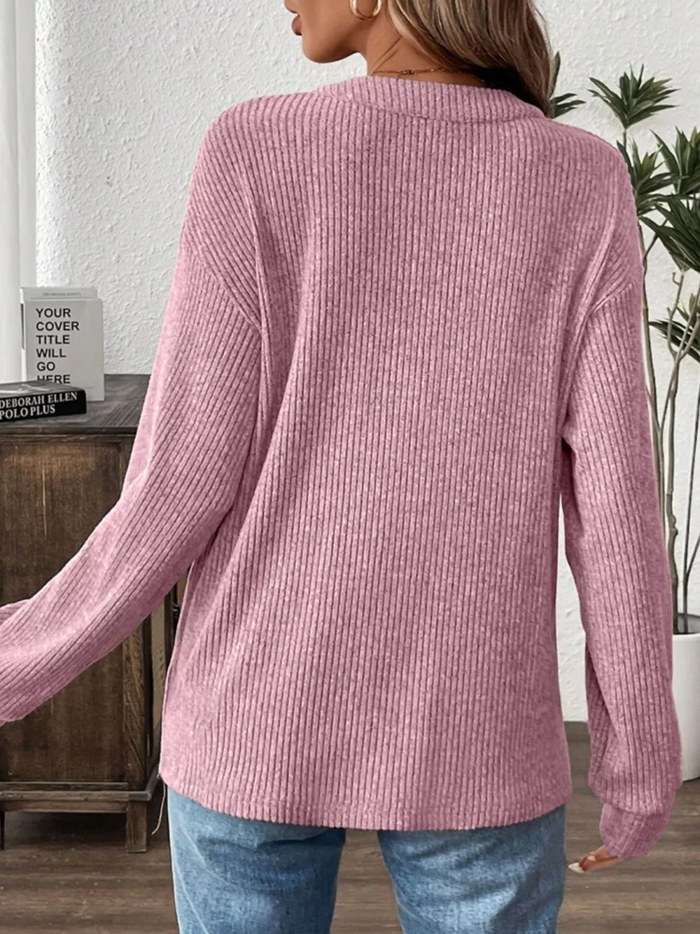 Ribbed Texture Drop Shoulder Henley Top, image 2