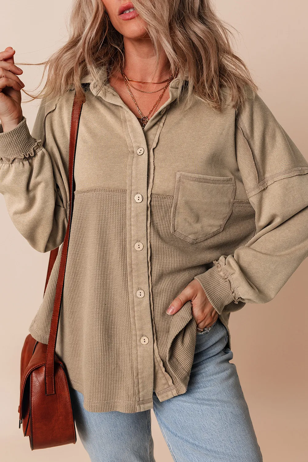 Waffle-Knit Collared Neck Long Sleeve Shacket, image 5