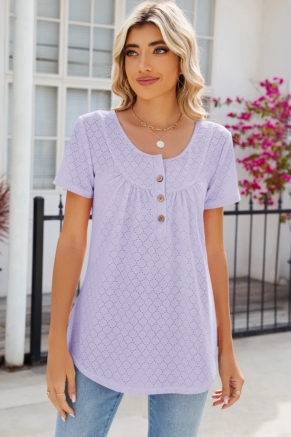 Eyelet Quarter Button Short Sleeve T-Shirt, image 29